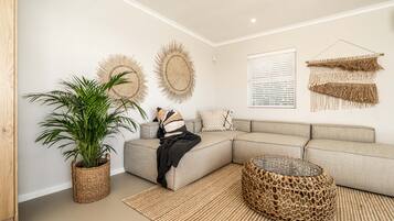 A modern living room with a sectional sofa, a large potted plant, and decorative wall hangings.