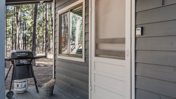 A covered porch with a grill, a bucket, and a door. - Aspen Ridge Retreat (Greer)