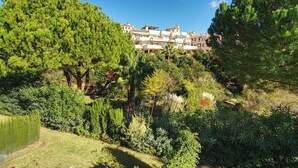 Un jardin luxuriant, avec une grande variété d’arbres et d’arbustes, un ciel bleu dégagé et, au loin, un bâtiment doté de nombreux balcons.