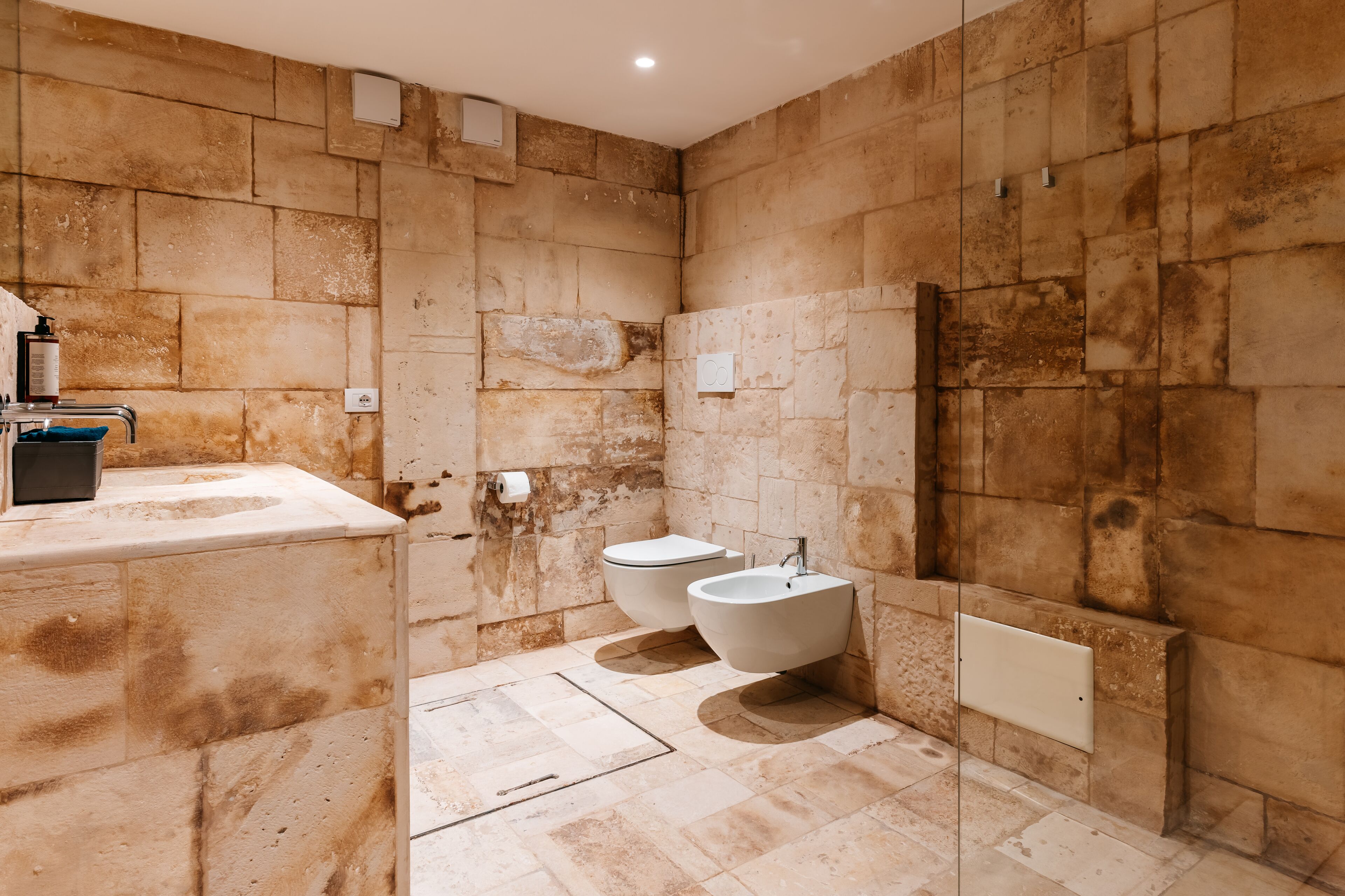 Een badkamer met stenen muren, een wastafel, toilet en een douchetoilet.