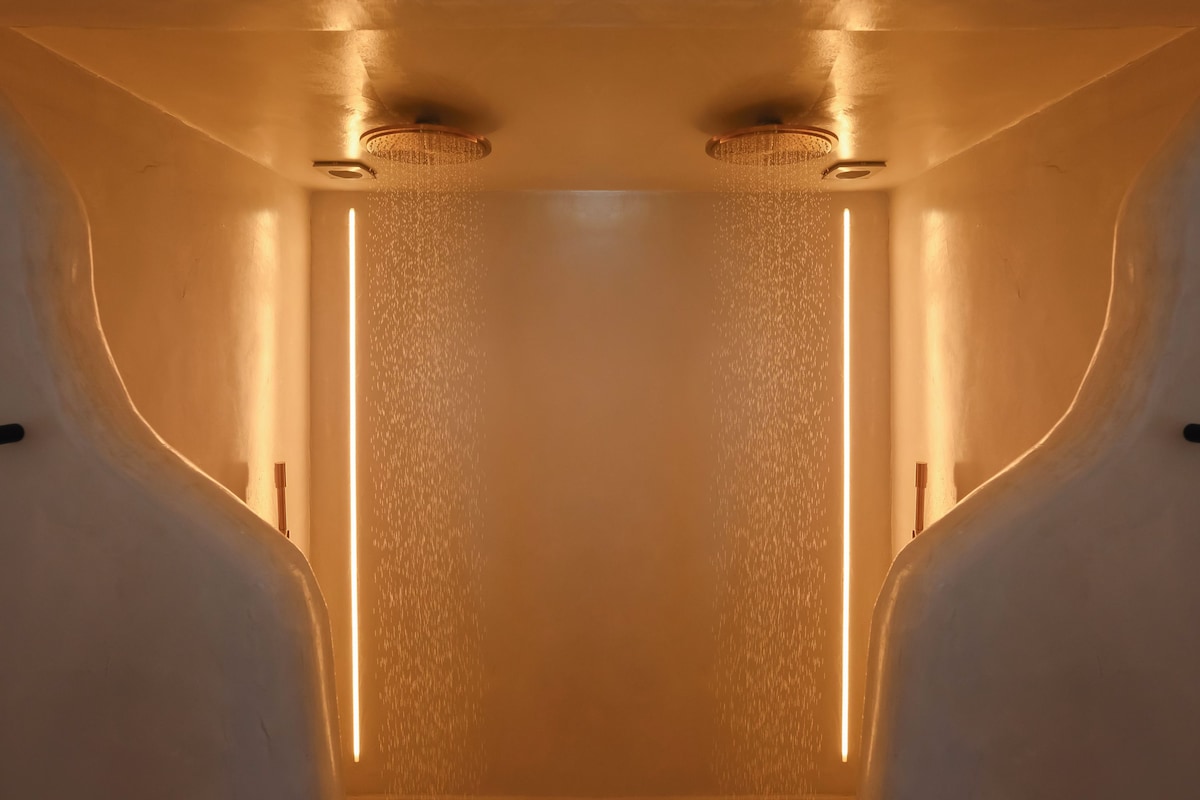 A modern bathroom with a central shower area, two vertical light fixtures, and a curved ceiling.