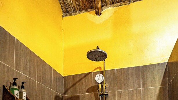 A shower with a rain showerhead, a handheld showerhead, and a handheld massager. - Africa Safari Rift Valley (Magara)