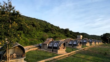 Experience serene retreats amidst lush green surroundings, with dome-shaped accommodations offering natural light and a harmonious blend with the environment.