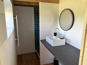 Shower, hair dryer, soap, toilet paper