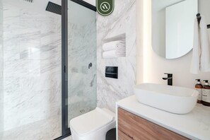 Shower, hair dryer, towels