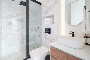 Shower, hair dryer, towels