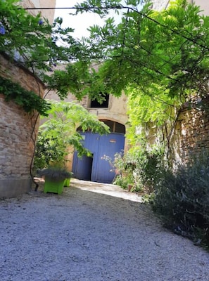 Stroll through the charming alleyway to a rustic entrance, flanked by lush greenery and a stone wall.
