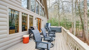 A wooden deck with outdoor seating and a barbecue grill. - Peaceful Cabin w/ Hot Tub: 11 Mi to Blue Ridge! (Epworth)