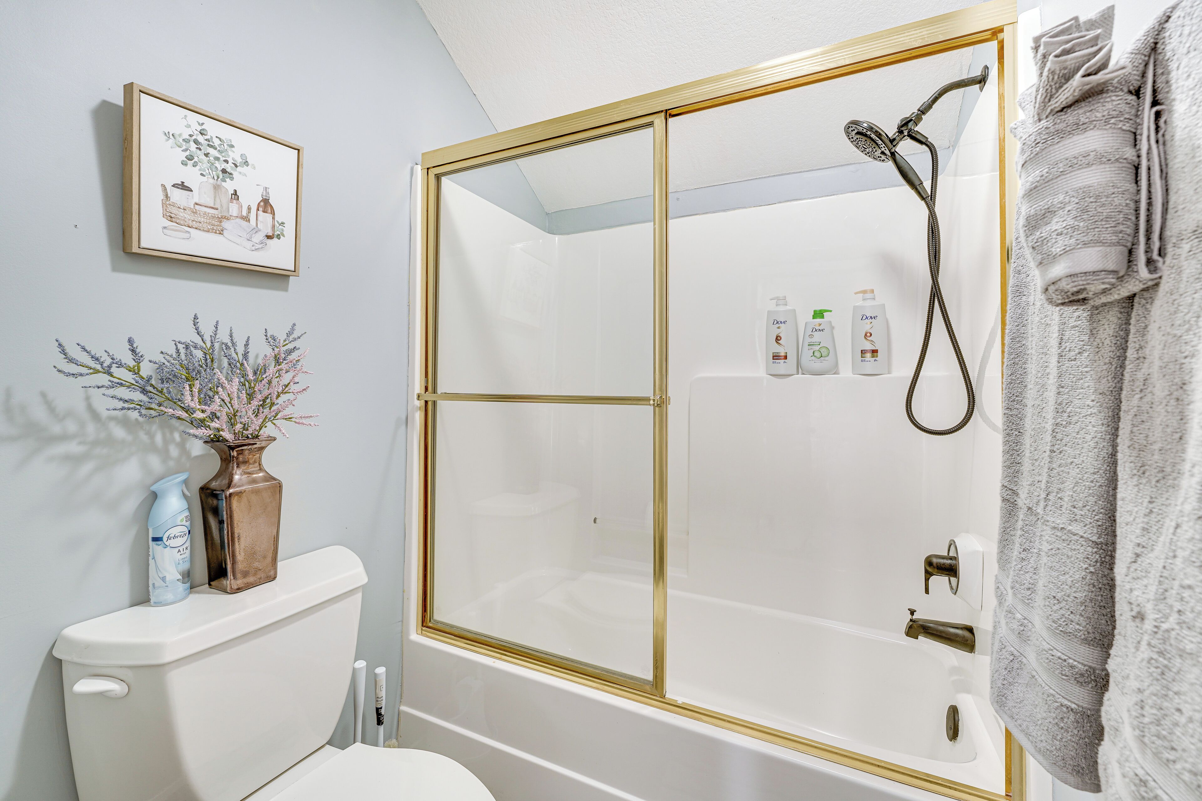 Une salle de bain avec une douche à parois de verre, des toilettes, un lavabo et un porte-serviettes.