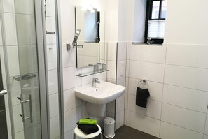 Shower, hair dryer, towels