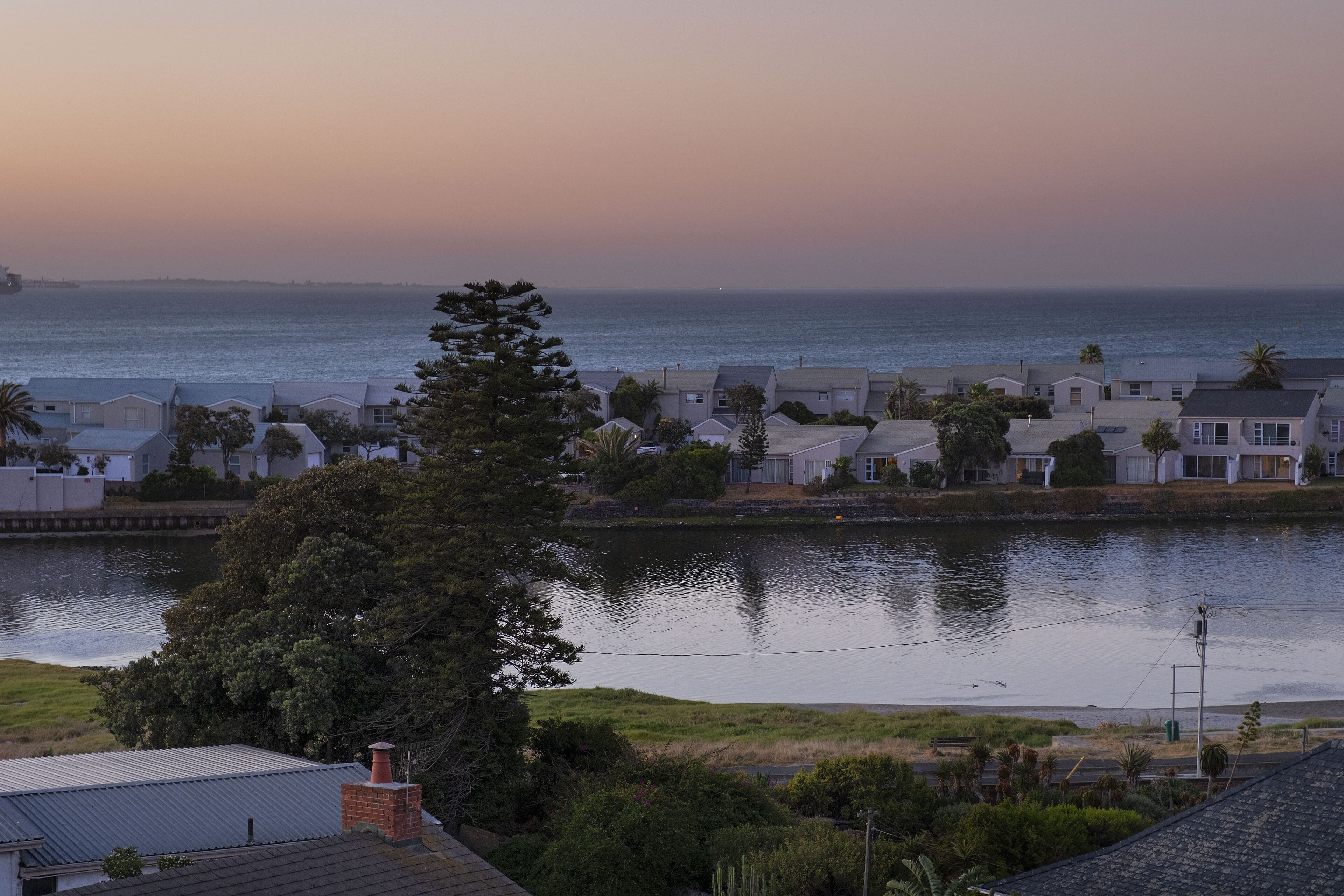 A coastal residential area with houses along a waterfront, a large tree in the foreground, and a clear view of the ocean.