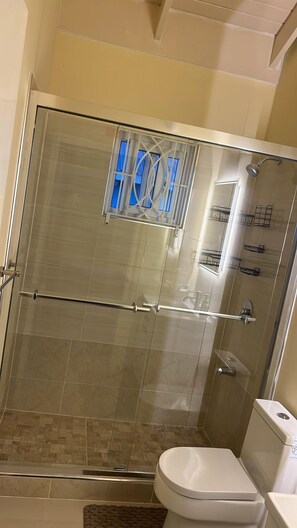 Hair dryer, towels, soap, shampoo