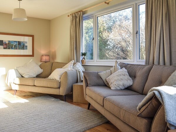 A living room with two sofas, a rug, a lamp, and a window with curtains.