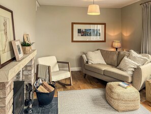 A living room with a fireplace, a sofa, a chair, a rug, and a hanging light fixture.