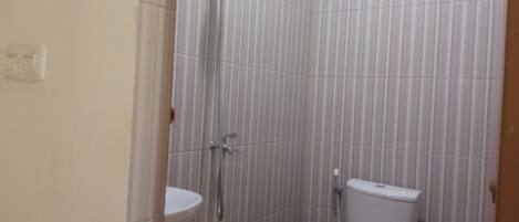 Une petite salle de bain avec une douche, des toilettes et un lavabo.