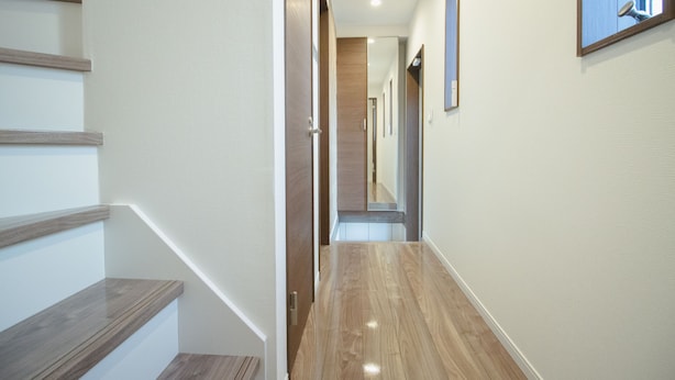 A modern hallway with wooden steps and a wooden floor, leading to a door at the end.