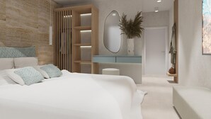 Un dormitorio moderno con una cama grande, un armario de madera, un espejo y una planta.