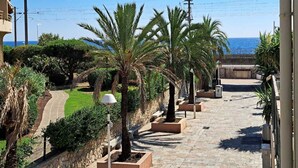 Un chemin pavé, bordé de palmiers et de jardinières, qui mène à un plan d’eau.