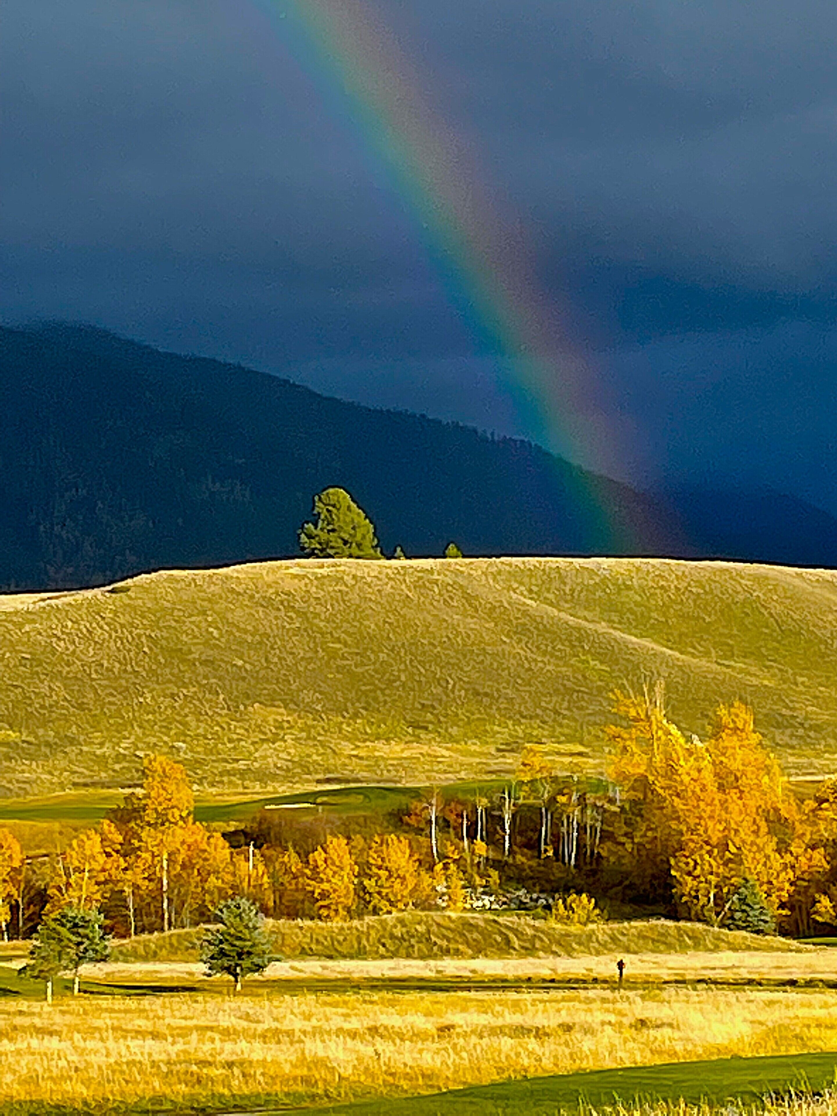 A landscape with a rainbow, a hill, and autumn trees.