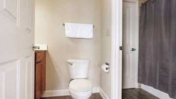 Hair dryer, towels, soap, shampoo