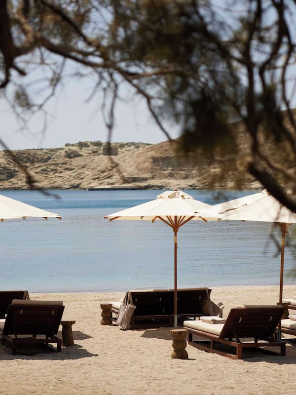 On the beach, beach cabanas, sun loungers, beach umbrellas