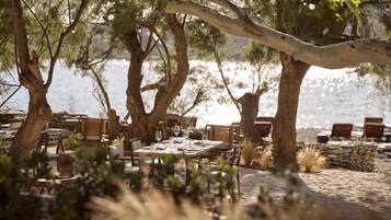 Un espace extérieur aménagé pour les repas, avec des tables et des chaises, entouré d’arbres et offrant une vue sur l’eau.
