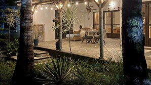 An outdoor patio area with a covered seating area, string lights, and potted plants.