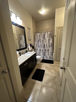 Hair dryer, towels, soap, toilet paper
