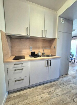 Fridge, microwave, oven, coffee/tea maker