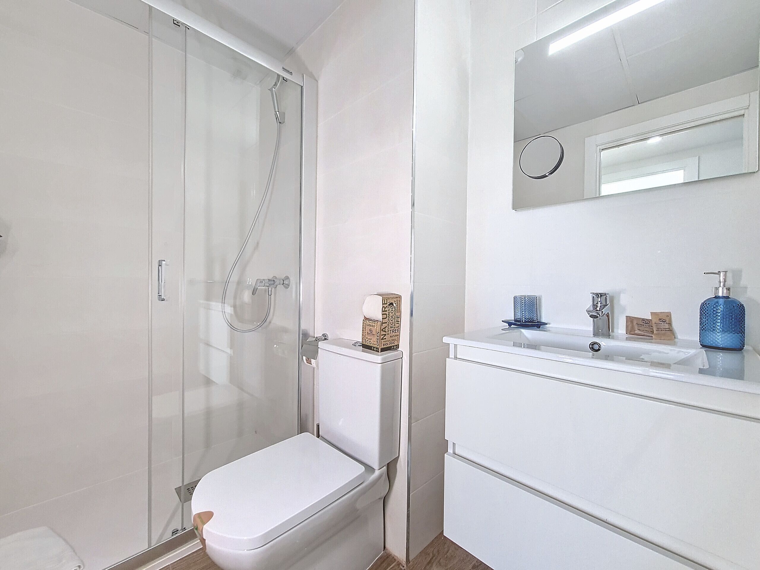 A modern bathroom with a glass-enclosed shower, a white toilet, and a sink with a mirror above it.