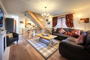 Smart TV, fireplace, books