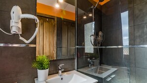 A modern bathroom with a white sink, a hairdryer mounted on the wall, a glass shower enclosure, and a potted plant on the counter. - Apartamento en Pleno Centro de Navacerrada (Navacerrada)