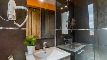 Hair dryer, towels, toilet paper