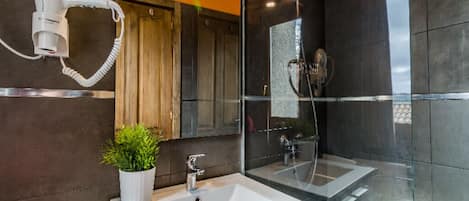Shower, hair dryer, towels, toilet paper