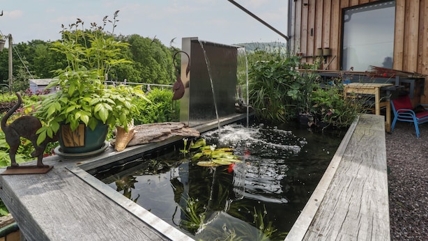 Um pequeno lago com uma cascata, rodeado por vasos de plantas e um deck de madeira.