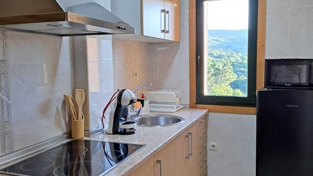 A modern kitchen with a built-in stove, a coffee machine, and a refrigerator. - Apartamento Rural en Plena Ribeira Sacra (Cerreda)