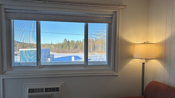 A room with a window overlooking a snowy landscape, a radiator, and a lamp.