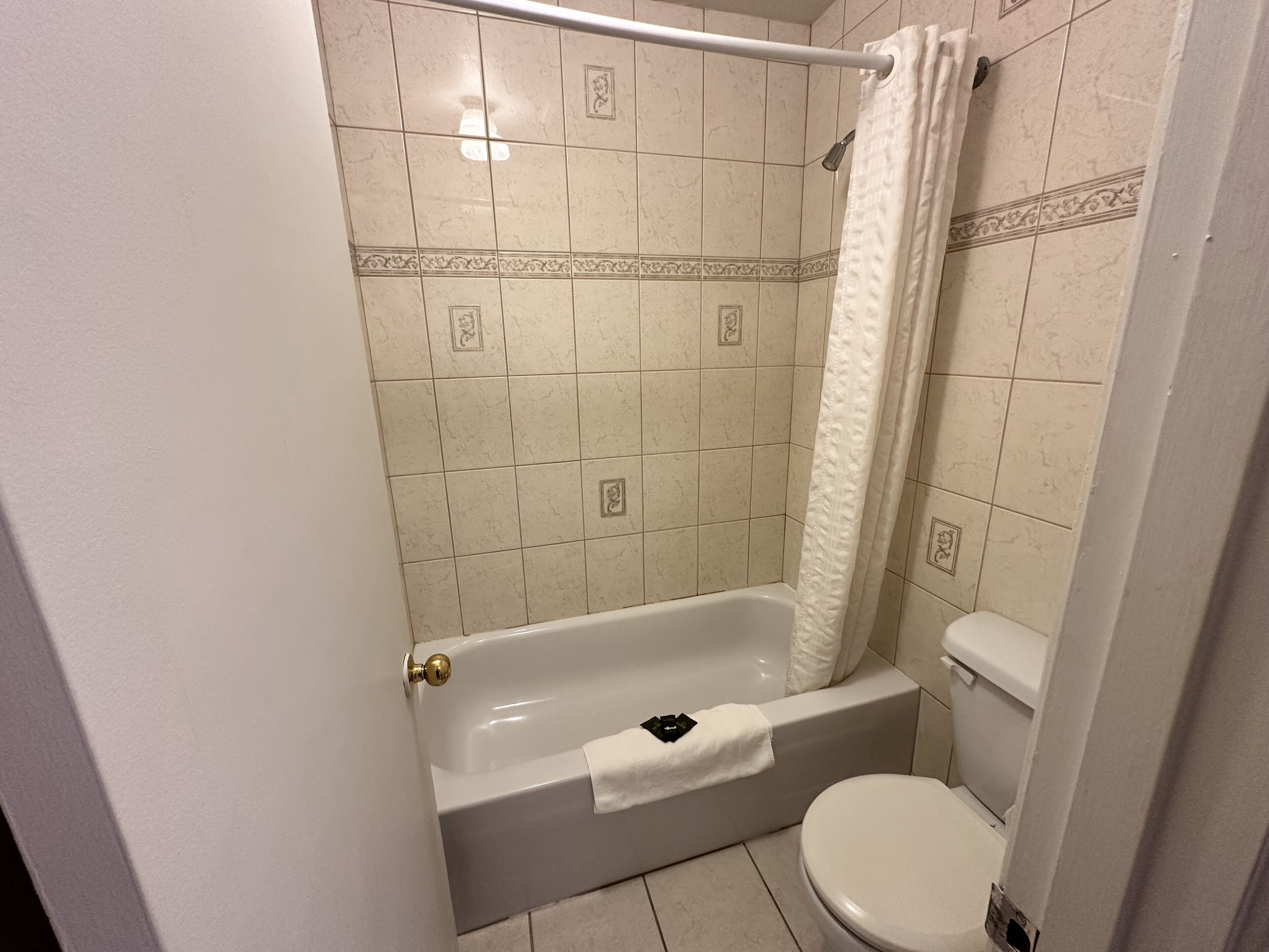A bathroom with a bathtub, toilet, and shower curtain.