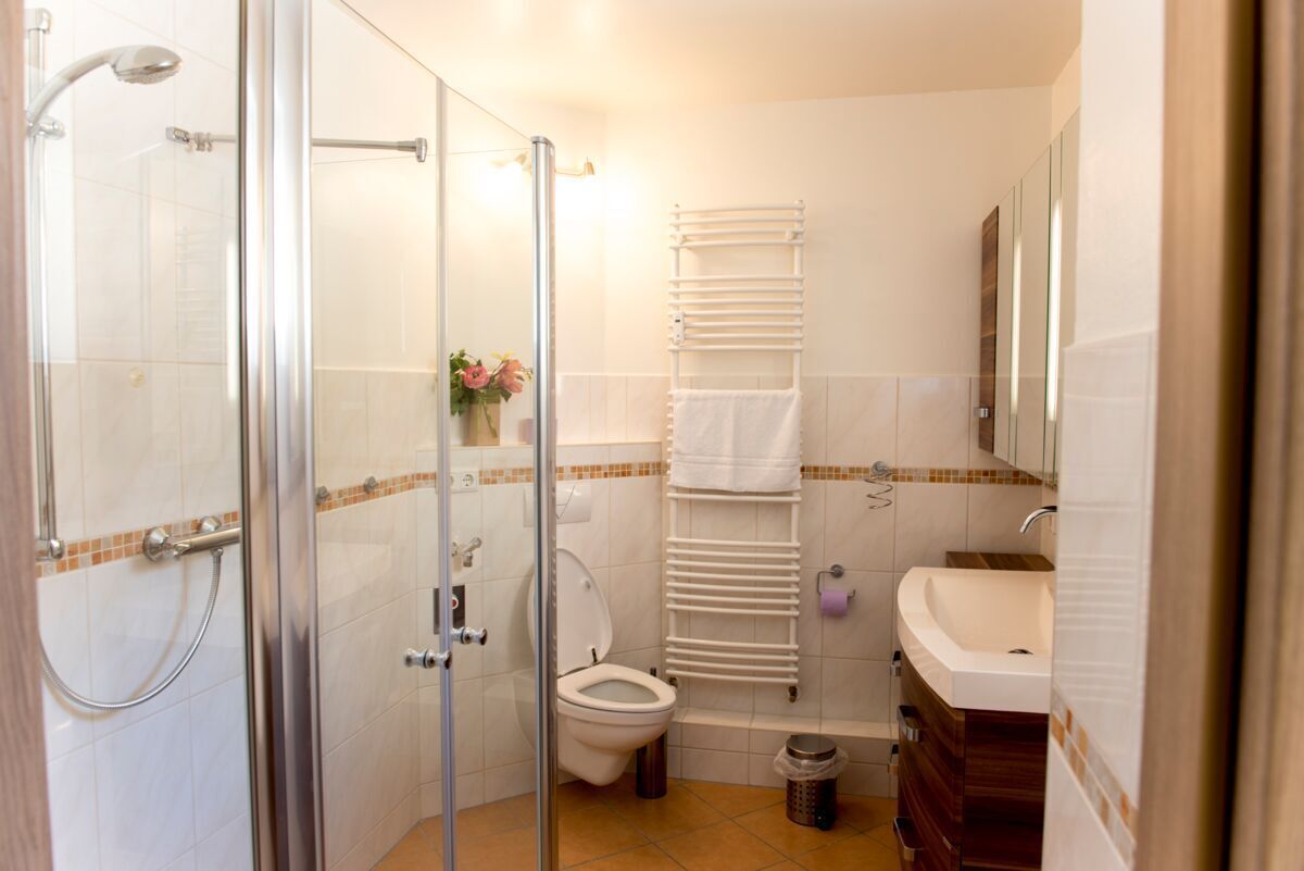 A bathroom with a glass shower enclosure, a toilet, a sink, and a towel rack.