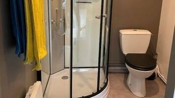 Hair dryer, towels, soap, toilet paper