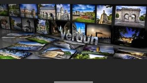 Eine Reihe von Fotografien, die verschiedene architektonische Wahrzeichen und Landschaften zeigen, vermutlich eine Reiseregion.