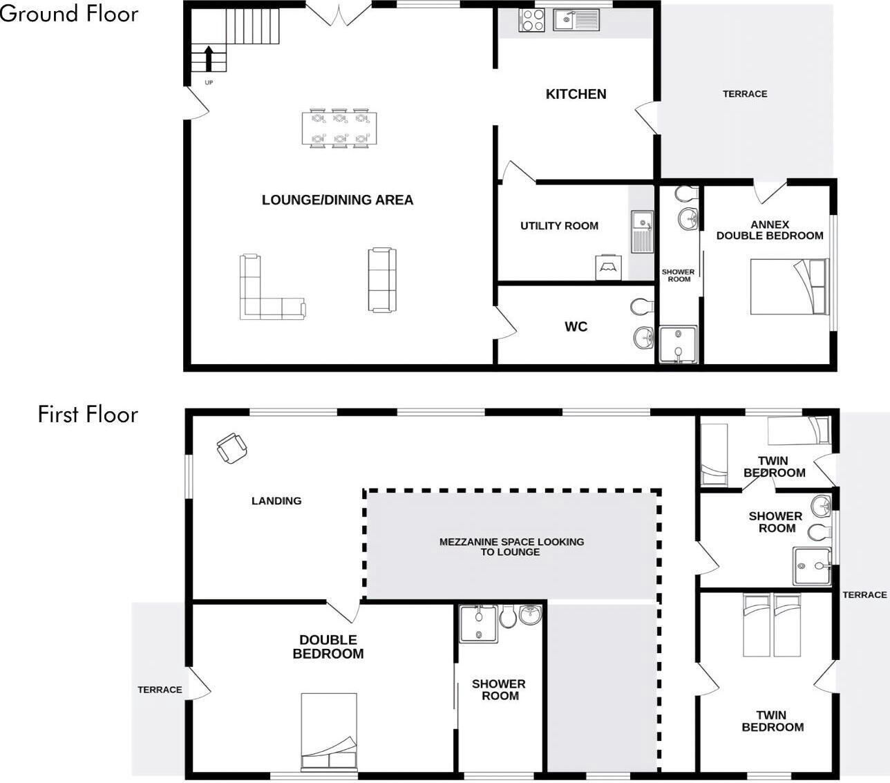 A hotel floor plan with a ground floor lounge/dining area, kitchen, terrace, utility room, WC, annex double bedroom, twin bedroom, shower room, landing, double bedroom, and mezzanine space looking to lounge.