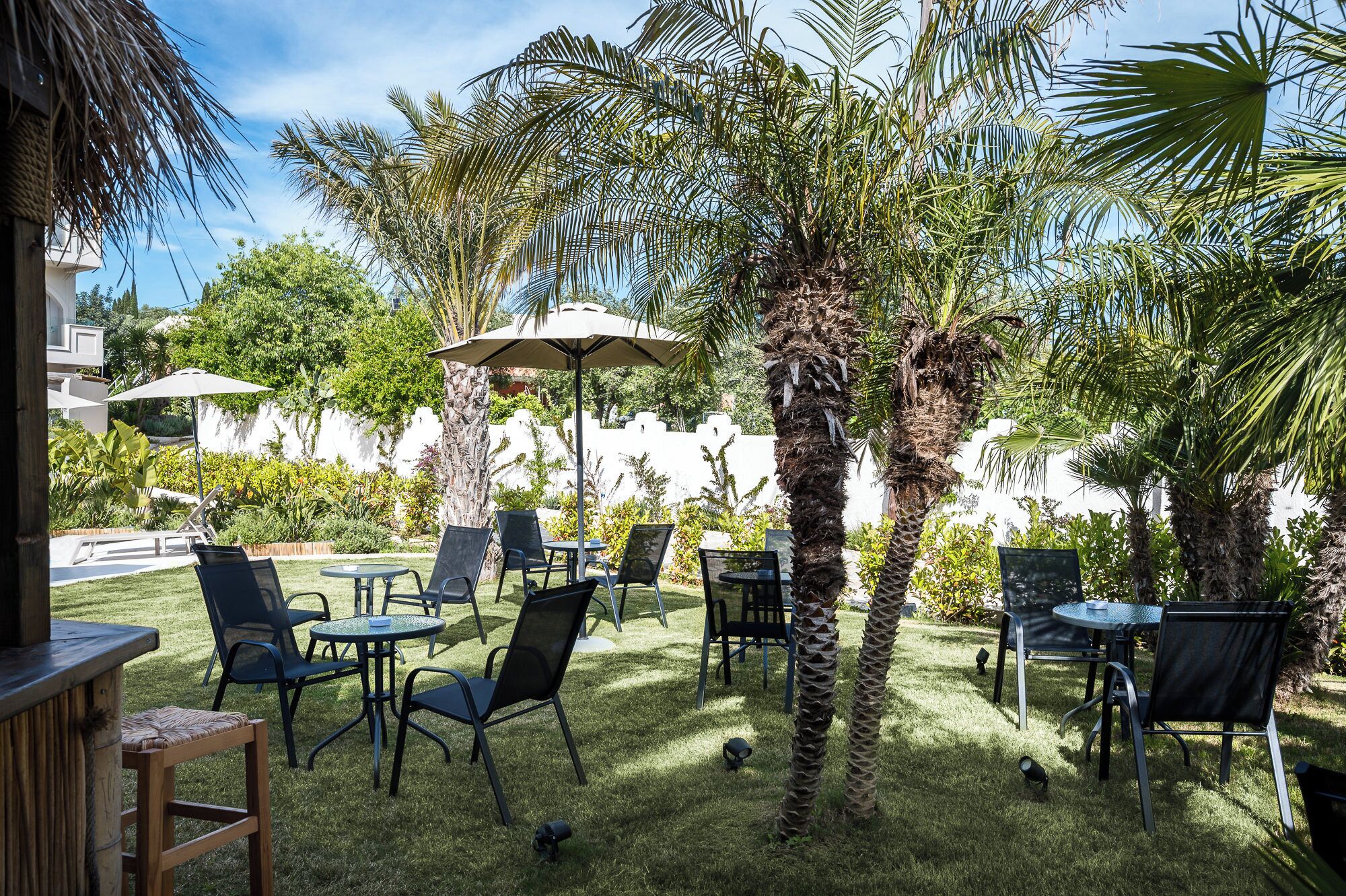 An outdoor patio area with several tables and chairs, surrounded by palm trees and a white wall in the background.