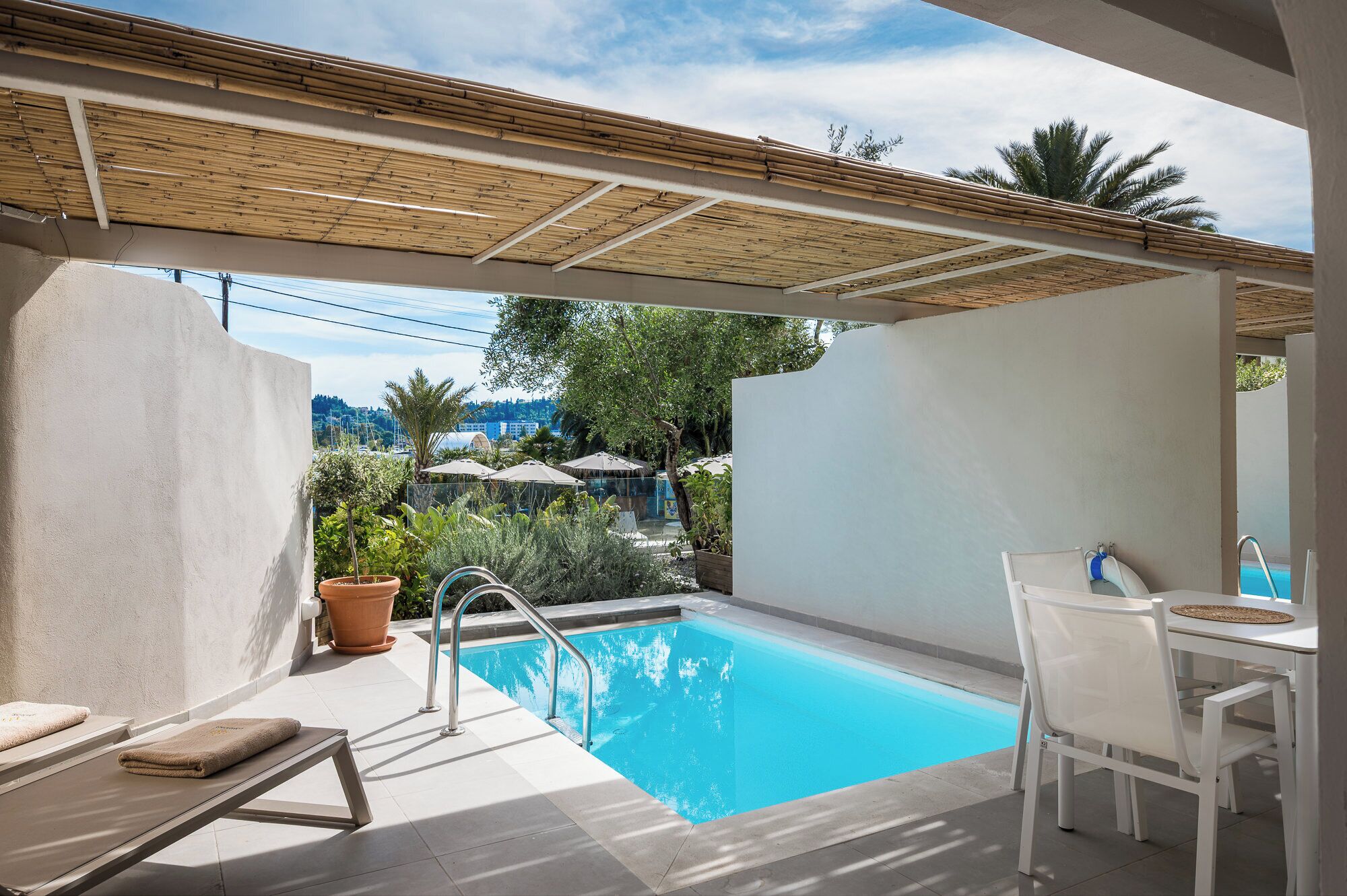A swimming pool with a bamboo roof, surrounded by potted plants and a view of a cityscape.