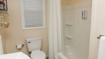Shower, hair dryer, shampoo