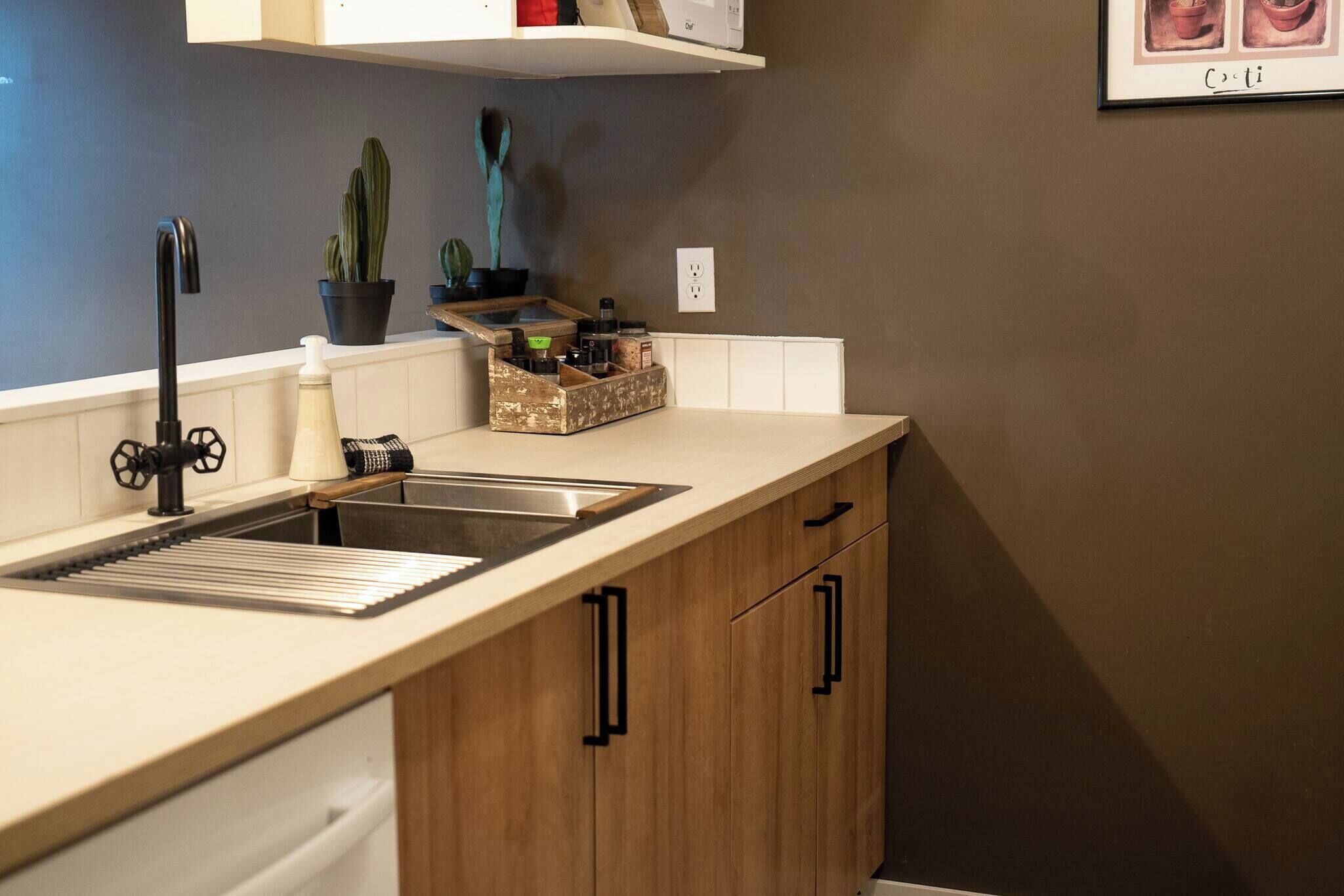 Una cocina con un lavamanos, armarios de madera, una encimera, una planta en maceta y un cuadro en la pared.