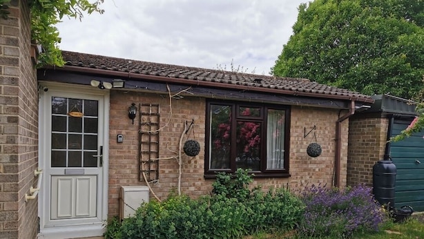 A brick house with a white door, two windows, and a small garden with various plants. - Impeccable 1-bed Lodge in Eastleigh (Eastleigh)
