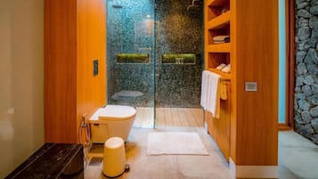 Combined shower/bathtub, bidet, towels, soap