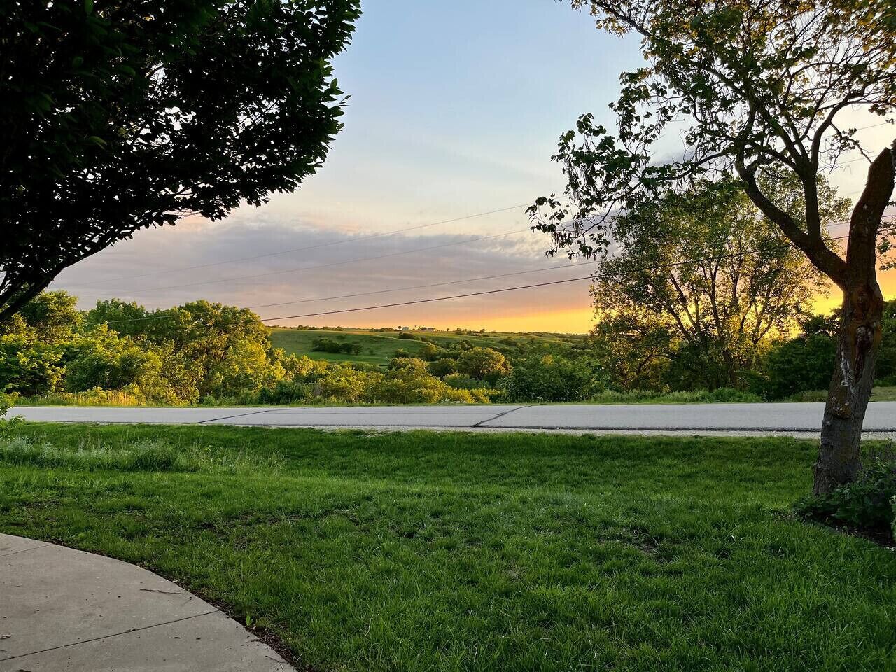 A grassy area with a sidewalk and a road in the background.