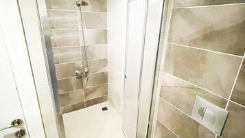 Shower, rainfall showerhead, hair dryer, slippers